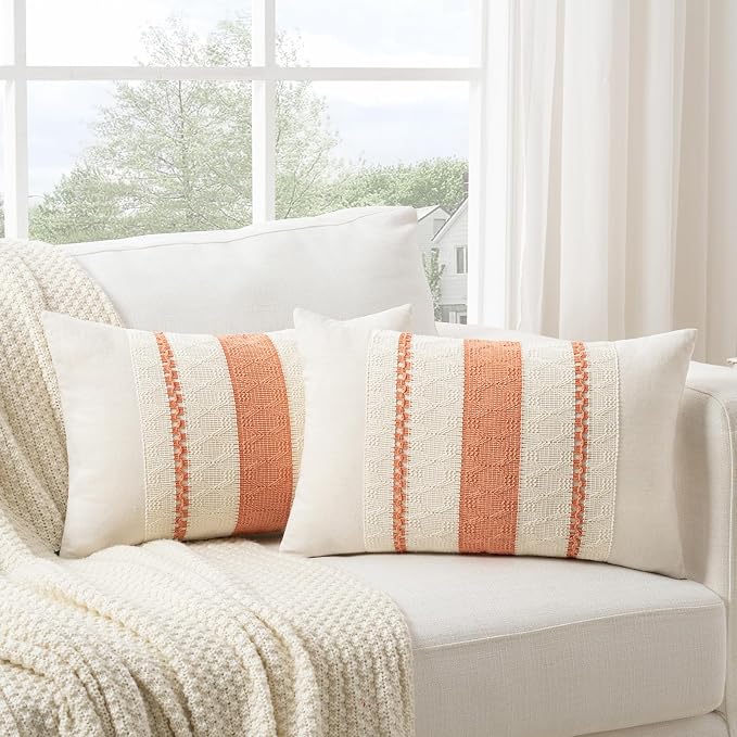 Fancy Homi Set of 1 Boho Coral Long Lumbar Decorative Throw Pillow Cover 12x24 Inch for Couch Bed Sofa Chair, Modern Organic Farmhouse Home Decor, Soft Cotton Cute Accent Rectangle Cushion Case