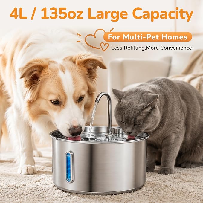 Stainless Steel Cat Water Fountain, 135oz/4L, Ultra-Quiet | Automatic Cat Dog Water Dispenser with Adjustable Pump, 3 Flow Modes, Large Capacity for Multiple Pets