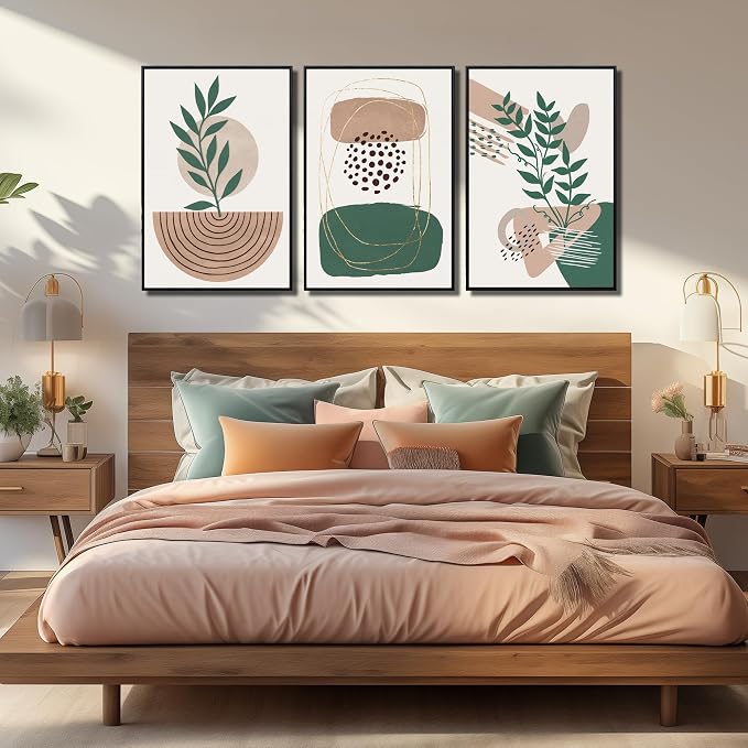 Framed Boho Wall Art for Living Room, Botanical Canvas Wall-Decor for Bedroom, Bohemian Minimalist Picture Prints, Size 24 x 36 Inches 3-Pieces