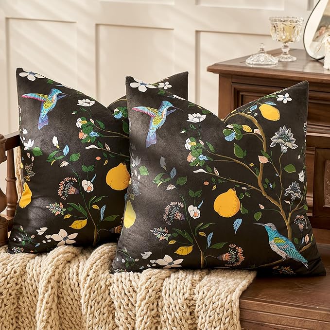 MUSSEL Brown Velvet Floral Decorative 20x20 Pillow Covers Set of 2 | Durable Sturdy,Botanical Printed Pattern,Throw Pillows Case,Square,Colorful Mid Century Cushion Covers,Sofa Couch Decor
