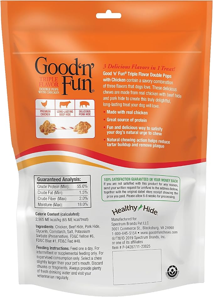 GOOD 'N' FUN Double Pops Long-Lasting Dog Treat, 5.5 oz (3 Pack) | Premium Pork and Beef Hide Chew Wrapped with Real Chicken, Supports Dental Health and Mental Stimulation, For Adult Dogs