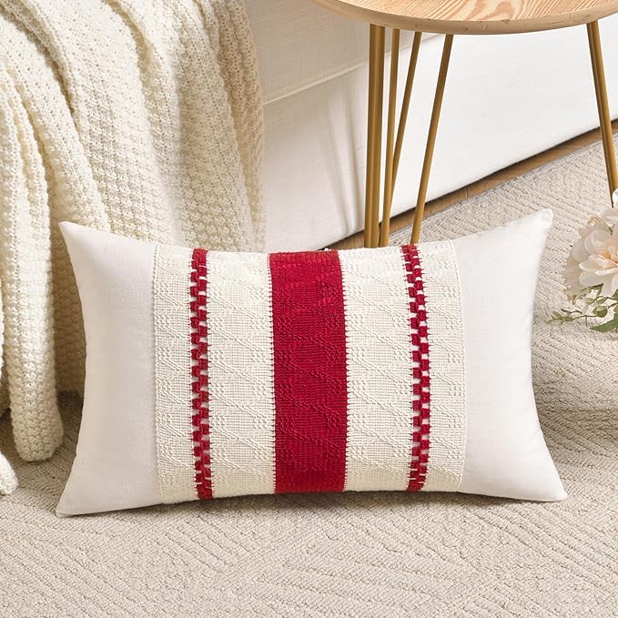 Fancy Homi Set of 2 Boho Red Long Lumbar Decorative Throw Pillow Cover 12x24 Inch for Couch Bed Sofa Chair, Modern Organic Farmhouse Home Decor, Soft Cotton Cute Accent Rectangle Cushion Case