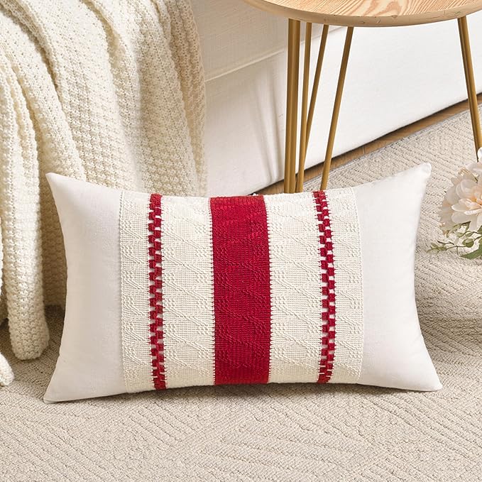Fancy Homi Set of 2 Boho Red Lumbar Decorative Throw Pillow Cover 12x20 Inch for Couch Bed Sofa Chair, Modern Organic Farmhouse Home Decor, Soft Cotton Cute Accent Rectangle Cushion Case