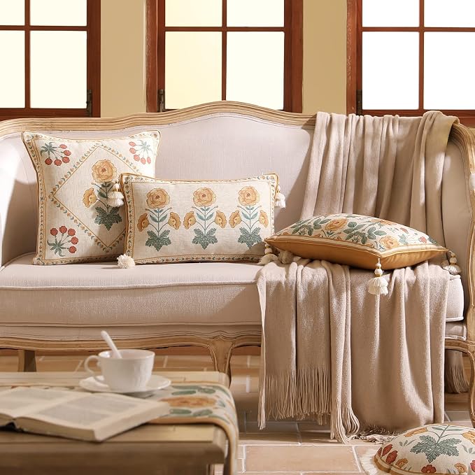 patdrea French Vintage Linen Pillow Cover,12"x20",Set of 2-RosaSilvestre D | Decorative Pillow Case,Yellow Floral Pattern,Cushion Coverfor Couch Living Room Bedroom Sofa,Tassel Pendant