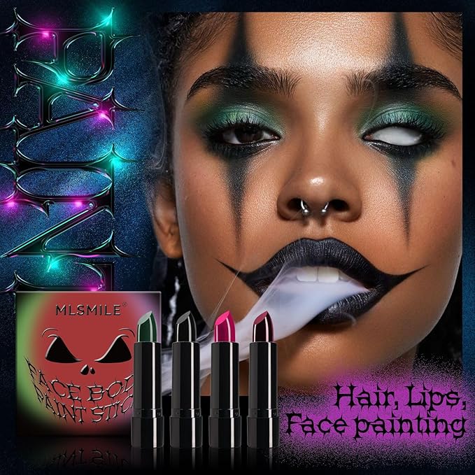 4 Colors Halloween Face Body Paint Lipstick, Cream Eye Black Stick for Baseball, High Pigmented Clown SFX Foundation Cream Makeup for for Sports Festival Halloween Cosplay Goth Costume Makeup (A#)