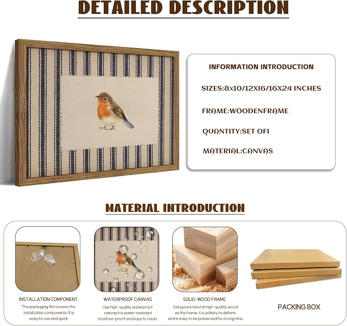 Framed Robin Bird Wall Art, Striped Nature Watercolor Canvas Print, Country Farmhouse Wall Decor, Vintage Cottagecore Animal Picture Artwork for Living Room Bedroom Bathroom 8x10 inch