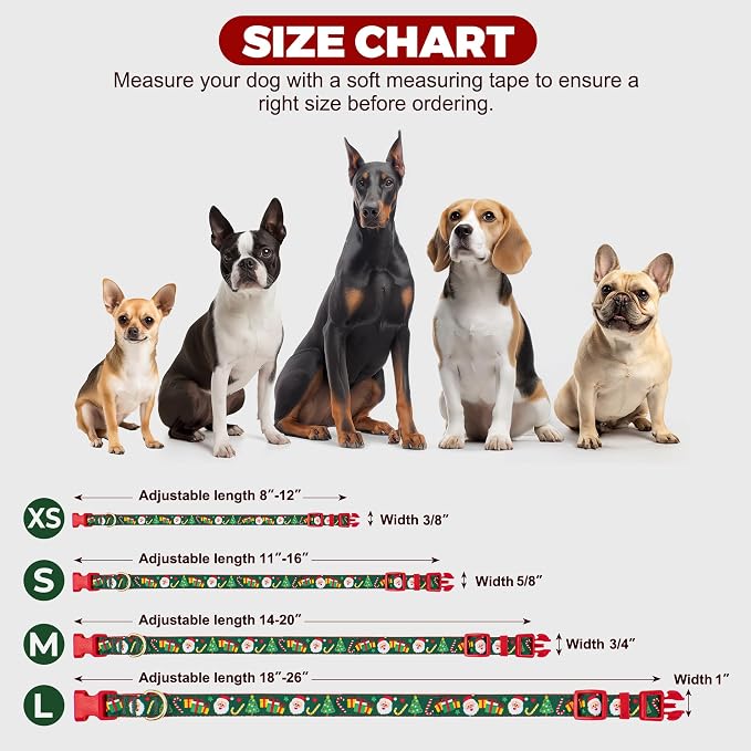azuza Christmas Dog Collar Santa Print Xmas Pet Collar with Removable Red and Green Bowtie, Adjustable Dog Collar Accessories for Puppy and Small Dogs