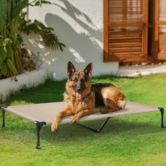Veehoo Outdoor Elevated Dog Bed Large Sized Dogs, Cooling Raised Dog Cots | Off-ground training platform, portable camping hammock, breathable mesh, easy to clean, no-tool setup, 49"x33", Beige Coffee