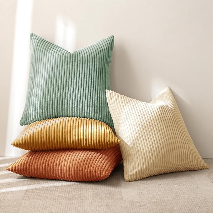 MIULEE Soft Corduroy Decorative Throw Pillow Covers Orange Teal 24x24 | Set of 4, Mordern Rustic Home Decor, Retro Vintage Set, Boho Farmhouse Cushion Covers for Couch Bed Sofa Living Room