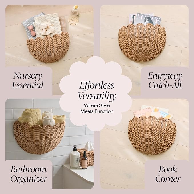 BEBE BASK The Original Scalloped Wicker Wall Basket – Set of 2 (16x10x7 In) | Handwoven Scalloped Wall Baskets, Rattan Wall Hanging Baskets, Wall Storage Basket for Nursery, Living Room, Mocca