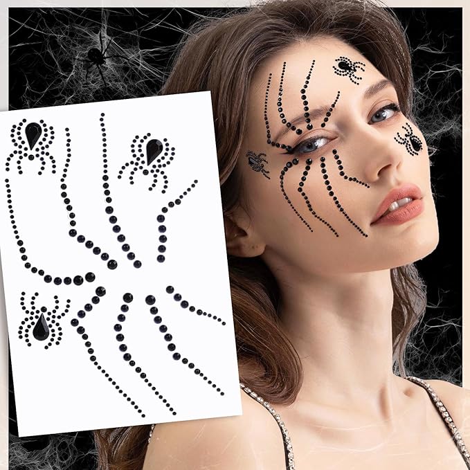 YGDZ Face Gems, Halloween Face Jewels Stickers, Spider, Bats, Snakes Hair Gems for Women, Black Stick On Rhinestones for Halloween Makeup, Rave Accessories