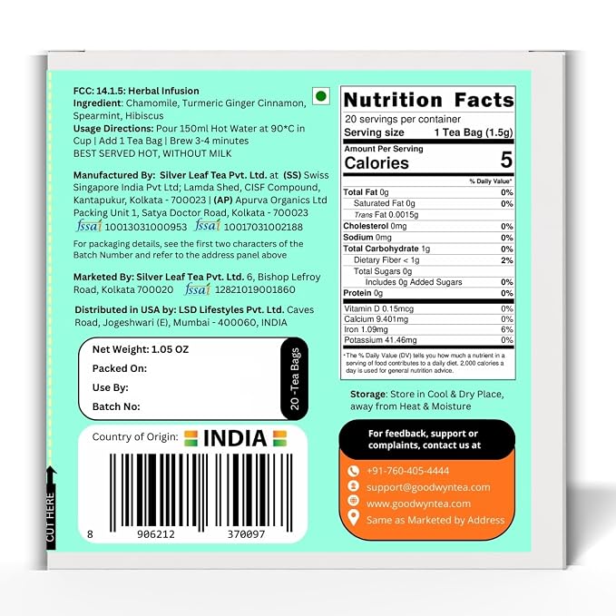 Goodwyn Assorted Herbal Tea Sampler, 20 Tea Bags, 4 Varieties - Chamomile, Spearmint, Hibiscus & Turmeric Blend | Caffeine Free | Plastic Free Bags