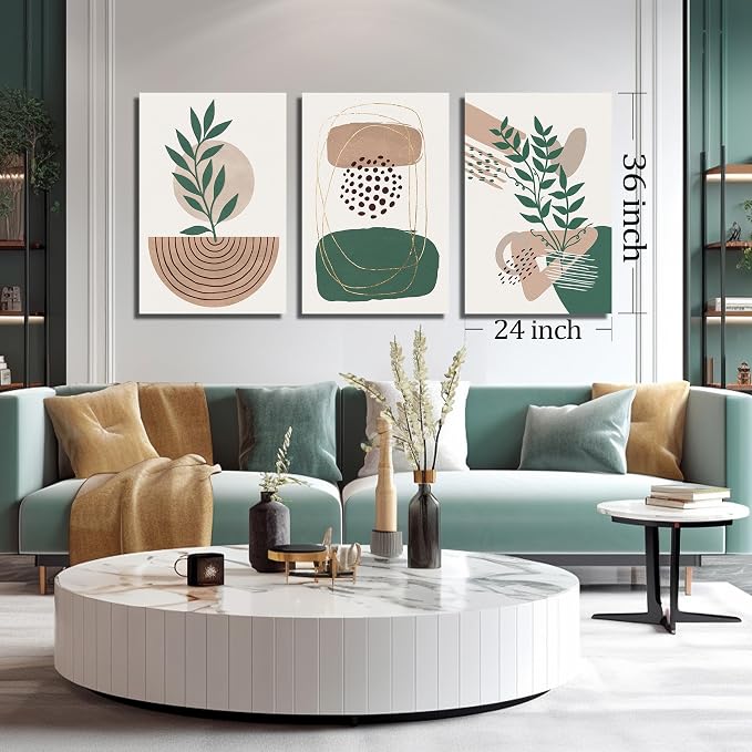 DNIEOTU Bohemian Wall Art for Living Room, Boho Botanical Wall-Decor for Bedroom, Minimalist Geometric Shapes Picture Prints, Size 24 x 36 Inches 3-Pieces