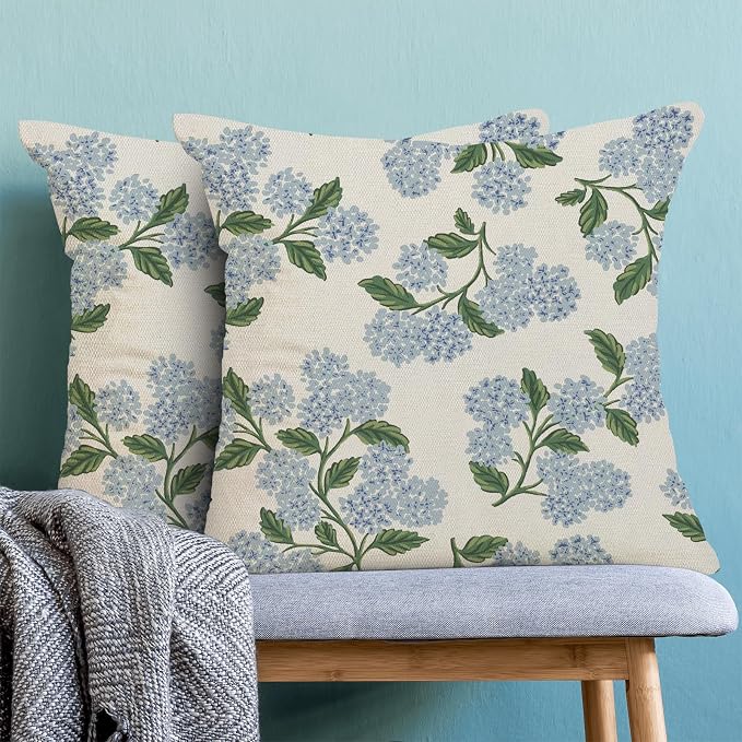 AEIOAE Spring Pillow Covers 22x22 Inch Set of 2, Green Blue Hydrangea Flower Throw Pillows Case,Floral Summer Outdoor Seasonal Decorative Farmhouse Decor Cushion Covers for Home Sofa Bed Couch
