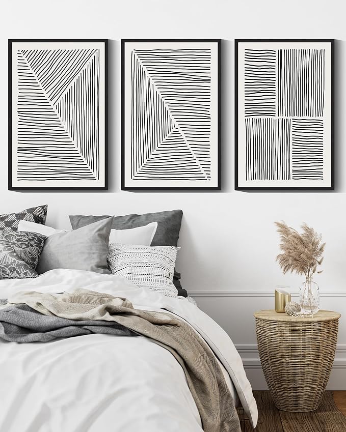Drsoum Mid-Century Modern Framed Wall Art Large 16x24in Minimalist Abstract Boho Black Line Wall Decor Geometric Artwork Kitchen Dining Room Black Framed