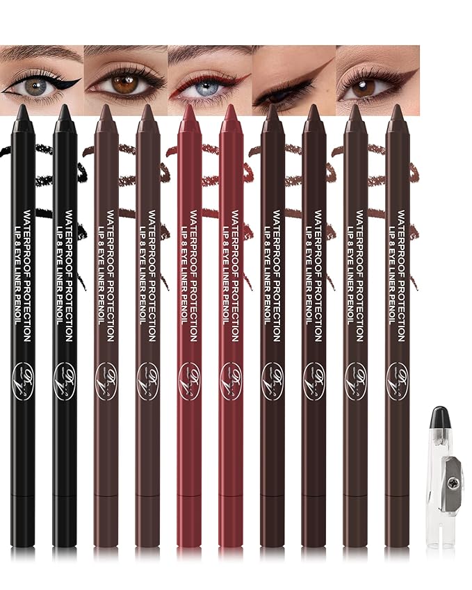 10 Pcs Gel Eyeliner Pencil Set, Black Brown Burgundy Waterline, Waterproof Eye Liner Pencils for Older Women, Long Lasting Smudge Proof Eyeliner Eyeshadow Stick, Matte Makeup Pen with Sharpener-Set B