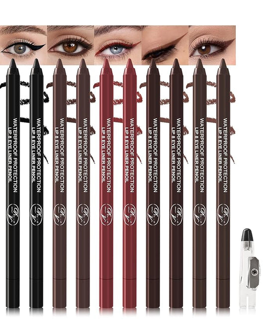 10 Pcs Gel Eyeliner Pencil Set, Black Brown Burgundy Waterline, Waterproof Eye Liner Pencils for Older Women, Long Lasting Smudge Proof Eyeliner Eyeshadow Stick, Matte Makeup Pen with Sharpener-Set B