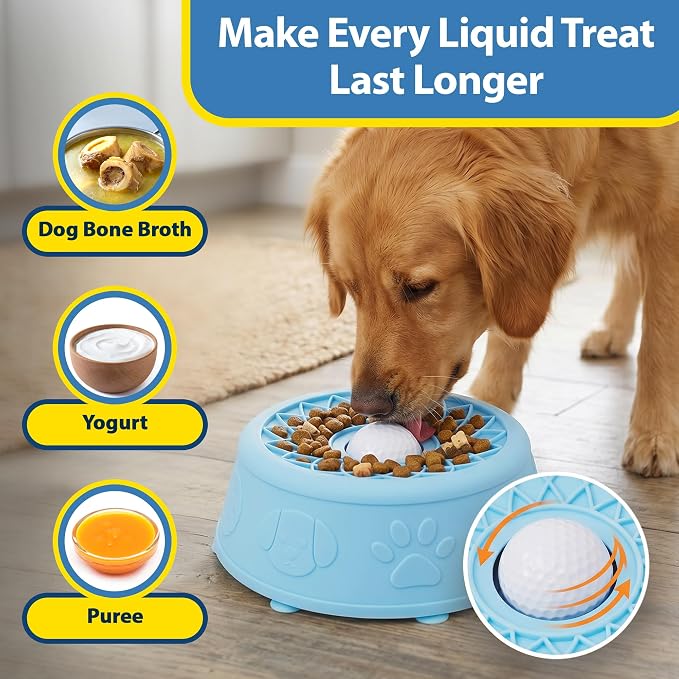 Slow Feeder Dog Bowls with Rolling Ball & Lick Mat for Dogs, Interactive Dog Enrichment Toy, Anti-Slip Puzzle Feeder for Yogurt, Bone Broth & Wet Food, Slow Eating Bowl for Small, Medium & Large Dogs