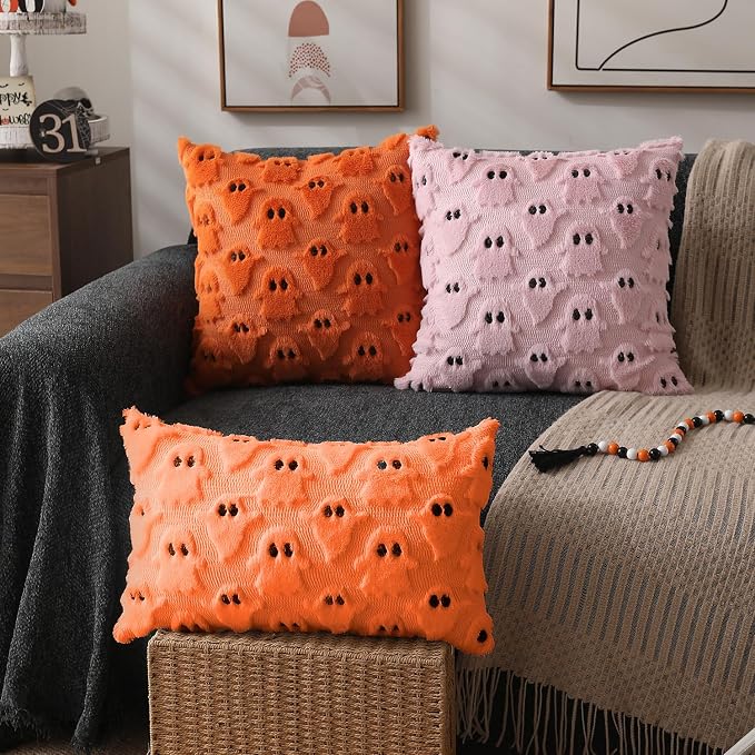 DFXSZ Halloween Pillow Covers 12x20 inch 2Pcs Orange Ghost Halloween Decor | Halloween Decorations Set of 2 Throw Pillow Cases Plush Faux Fur Wool Cushion for Chair Sofa Bedroom Living Room Home Decor