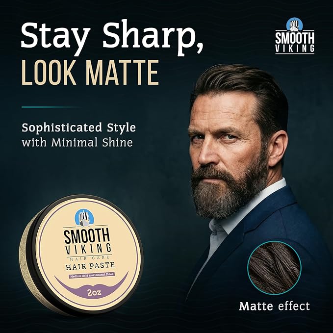 Smooth Viking Hair Paste for Men - Hair Styling Cream with Minimal Shine & Medium Hold Hair Products for Men, Hair Cream for Men, Styling Paste for Textured Messy Hairstyle - Made in USA, 2oz