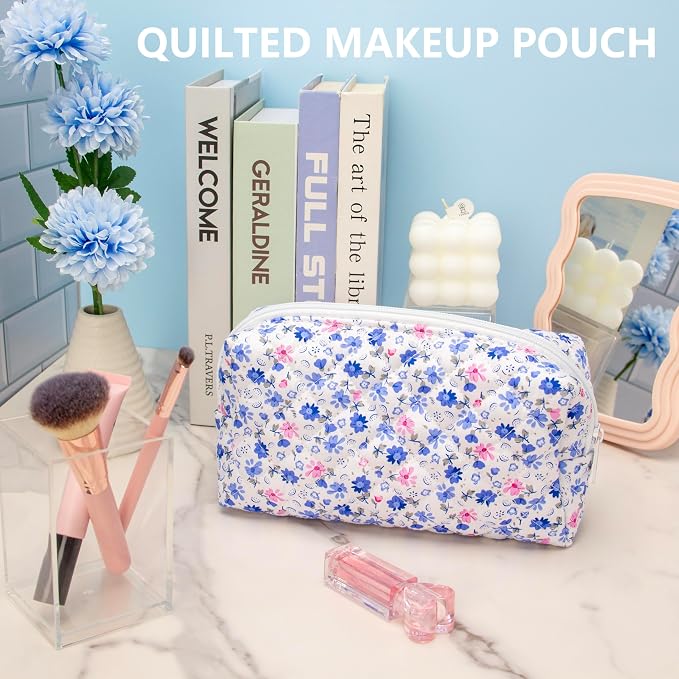 PAZIMIIK Small Quilted Makeup Bag,Zipper Cosmetic Pouch,Floral Blue,6 Pack | Lightweight Cosmetic Bag Organizer for Women,Purse Storage Holds Makeup,Toiletries,Skincare,Beauty Essentials,Travel Items