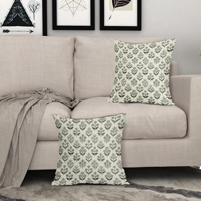 Black Sage Green Floral Block Print Pillow Covers 24x24 Inch Set of 2, Vintage Flower Pattern Spring Summer Decorative Throw Pillowcases Outdoor Farmhouse Cushion Covers Seasonal Sofa Couch Bed Decor
