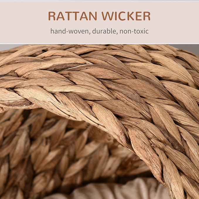 PawHut Handwoven Elevated Cat Bed for Indoor Cats 23.5" H Light Brown | Soft Cushion & Egg Chair Shape, Basket Bed Kitty House with Stand, Raised Wicker House