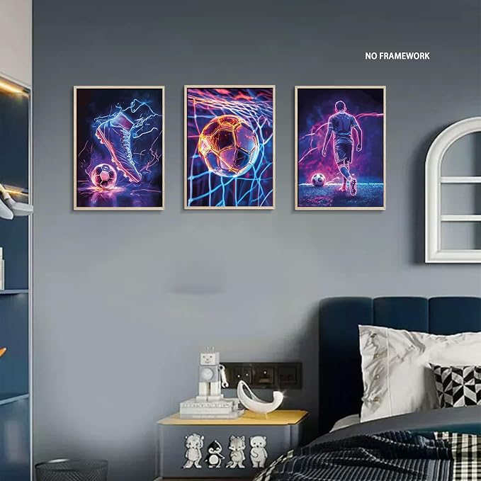 BGFCE Cool Soccer Gaming Wall Art Posters Set of 3, Neon Video Gamer Canvas Pictures, Colorful Soccer Game Painting Prints for Boys Room, Gaming Room Decor for Kids Gamer Room 16x24 inch Unframed
