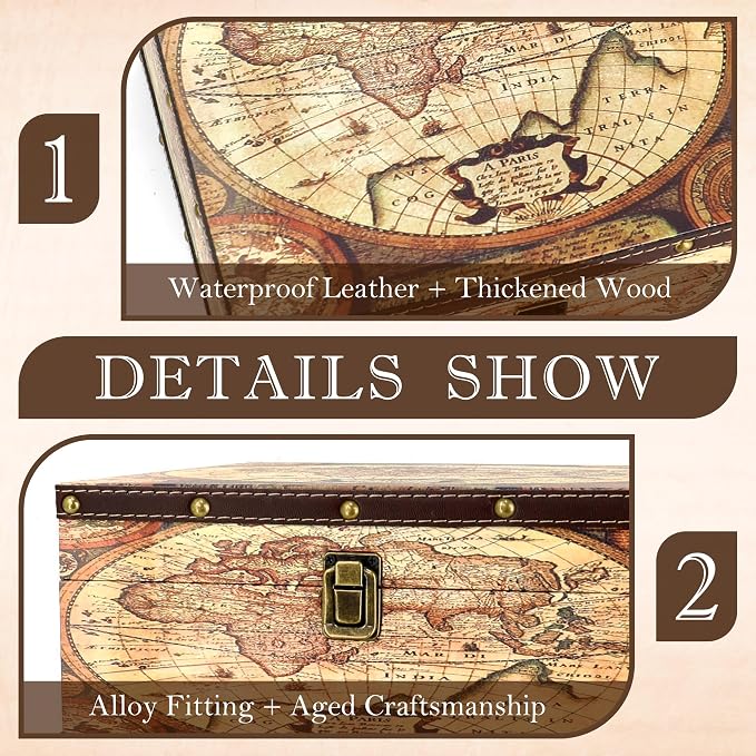 Jolitac Wooden Storage Box Set of 3, Antique-Looking Storage Containers with Secret Compartments Vintage Nesting Keepsake Chests for Jewelry, Cash, Photos Travel-Friendly & Stackable (Map)