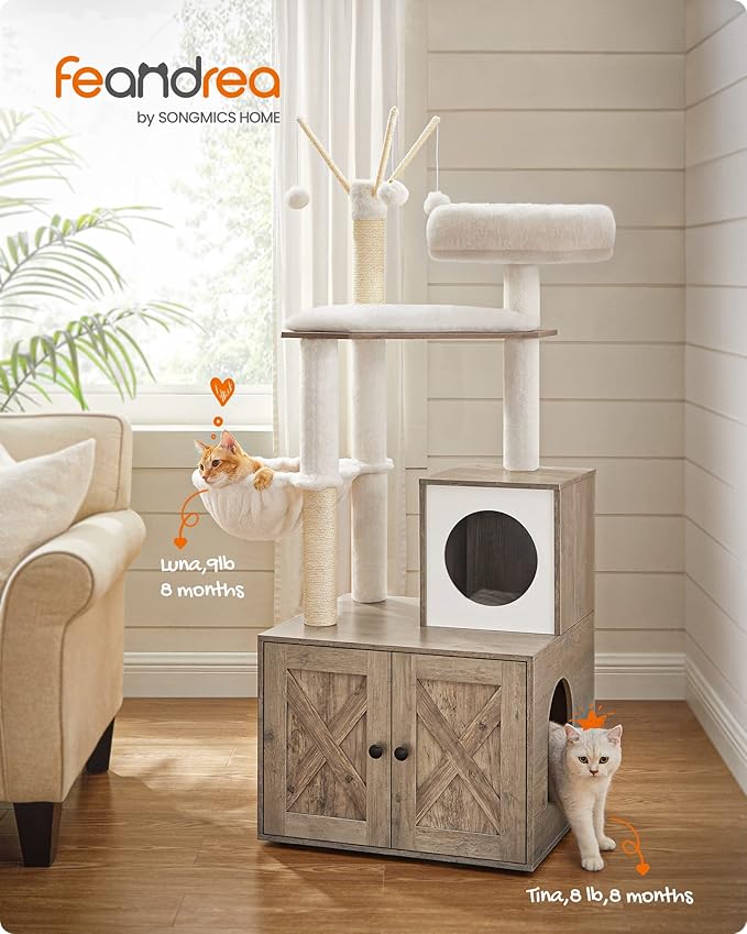 Feandrea Cat Tree with Litter Box Enclosure, 59-Inch Modern Cat Tower | 2-In-1 Condo with Scratching Posts, Washable Removable Cushion, Greige UPCT113G01