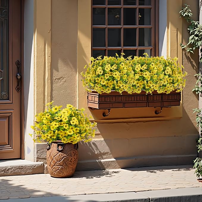 24 Pcs Artificial Flowers for Outdoors Decorations, Yellow | Lifelike silk flowers, UV resistant, faux plastic plants, for garden porch window table vase home indoor outdoor decor