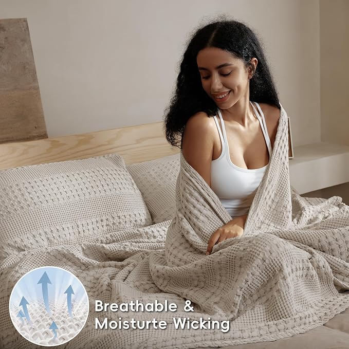PHF 100% Cotton Waffle Weave Blanket Queen Size, Lightweight Breathable Summer Blanket for Hot Sleepers, Pre-Washed Soft Layer for Bed, Couch, Aesthetic Home Decor & Gift, 90"x90", Pearl Gray