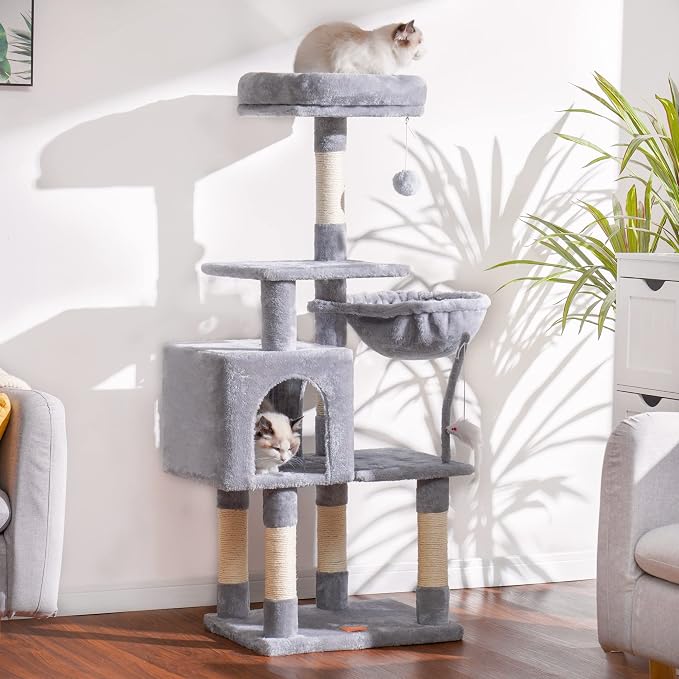 Heybly Cat Tree with Toy, 43.3 inch Cat Tower for Indoor Cats HCT004W | Cat Condo with Durable Sisal Scratching Posts, Cat House with Padded Plush Perch, Cozy Hammock, Light Gray