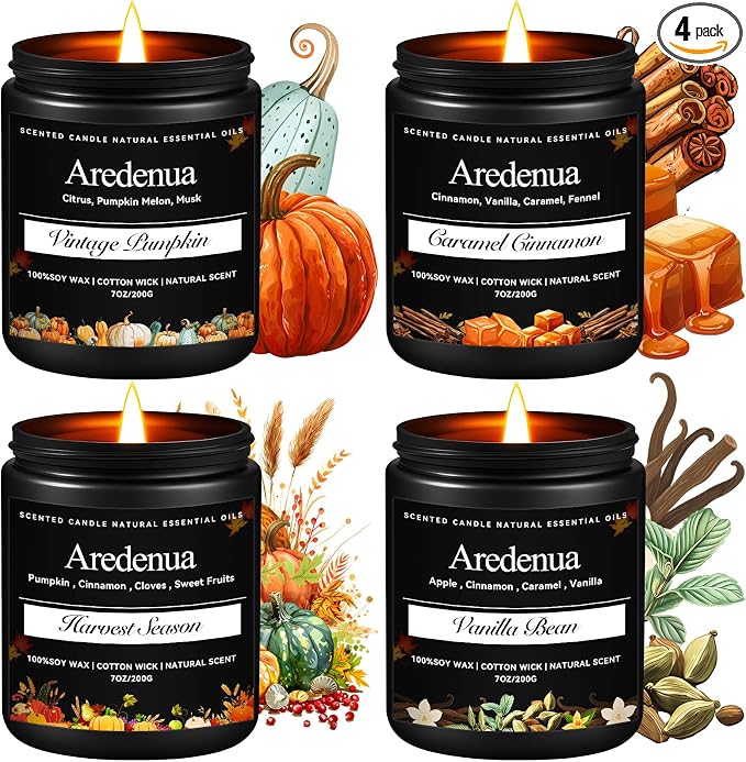Fall Candles Set – 4pack Autumn Candle Scent of Cinnamon, Vanilla Bean, Harvest Season & Pumpkin - Seasonal Holiday Candles Gift, 28oz Soy Candle for Halloween Home Décor & Cozy Gifting