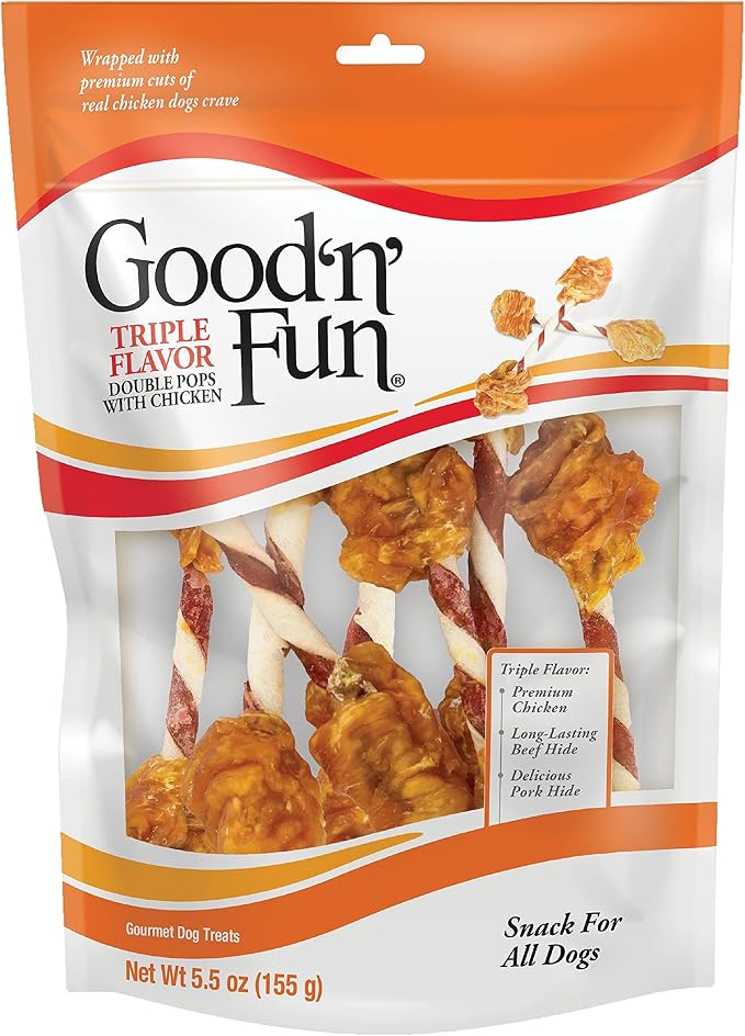GOOD 'N' FUN Double Pops Long-Lasting Dog Treat, 5.5 oz (3 Pack) | Premium Pork and Beef Hide Chew Wrapped with Real Chicken, Supports Dental Health and Mental Stimulation, For Adult Dogs
