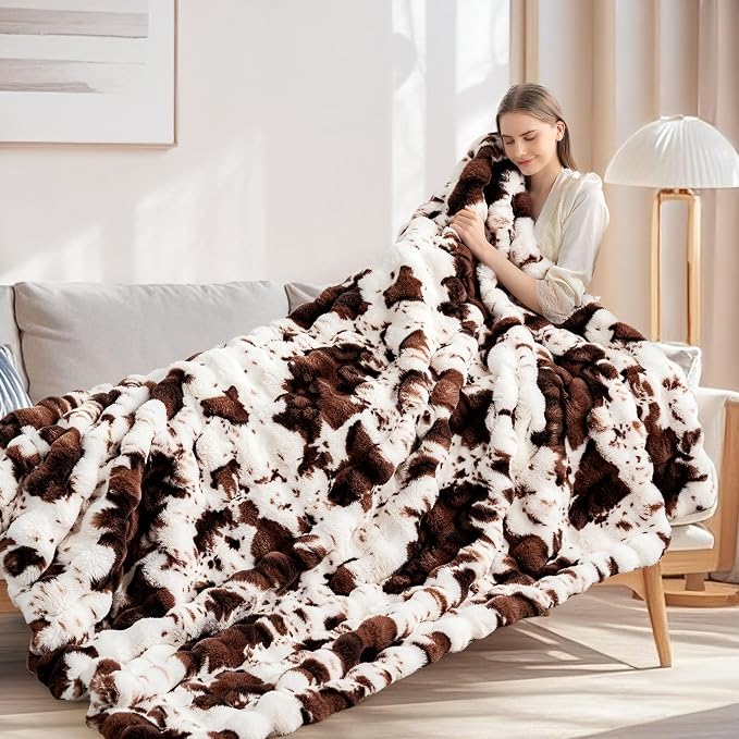 Cow Print Blanket for Couch, Faux Fur Throw Blanket, Super Heavy Warm Cozy Blankets for Bed Sofa, Bubble Plush Fuzzy Soft Mink Blanket for Living Room Bedroom, Cow Brown