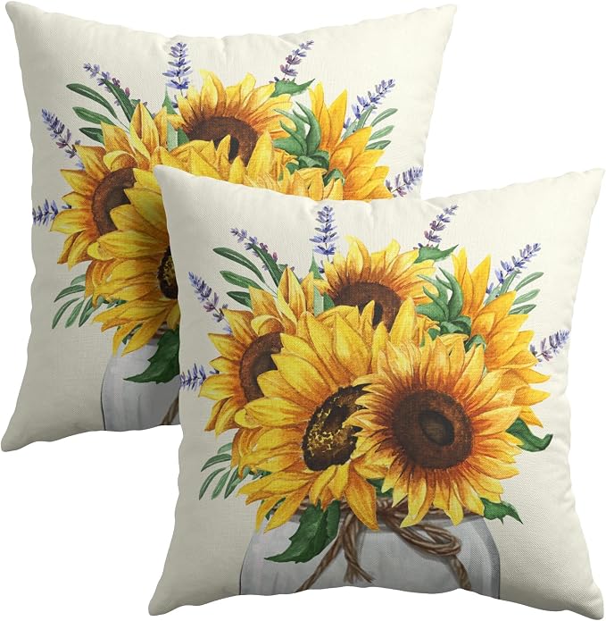 Kawani Spring Summer Sunflower Pillow Covers Set of 2, 20x20 Inch Yellow Purple Floral Jar Throw Pillowcases Cotton Linen Cushion Cover for Couch Sofa Bed Car Home Office Decor
