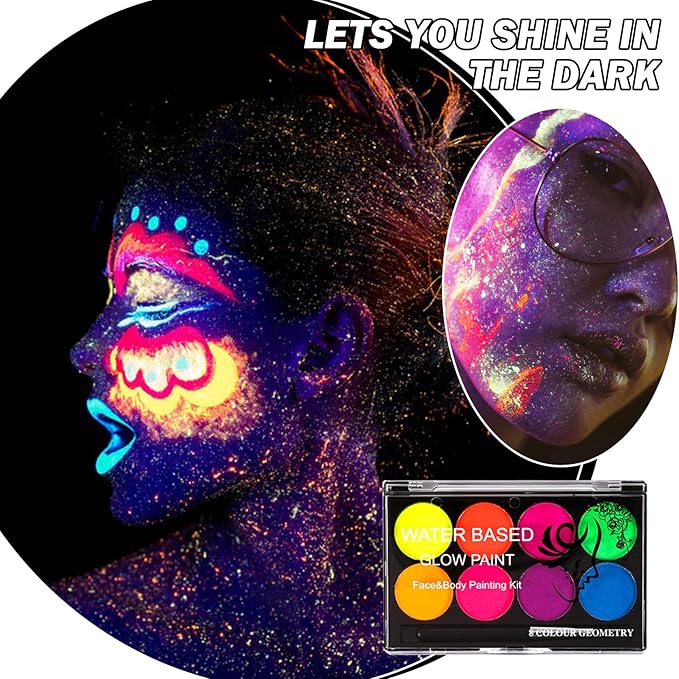 8 Colors Neon Face Paint Glow in The Dark UV Blacklight Body Paint Professional Water Activated Face Paint for Adults Kids Halloween Makeup