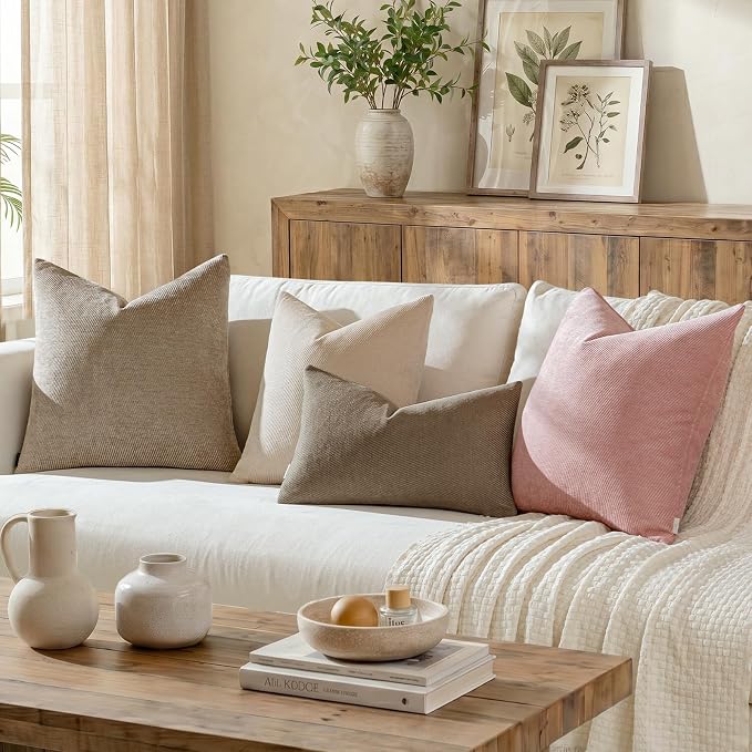 a moment Pack of 2 Decorative Chenille Throw Pillow Covers with Twill Cushion Covers for Sofa Living Room Couch Bed 16x16 Inch Light Brown