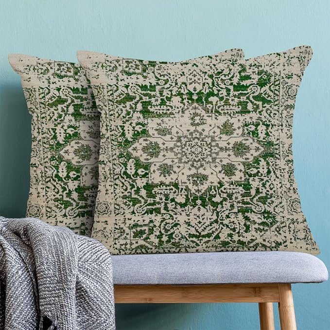 AEIOAE Boho Pillow Covers 20x20 Inch Set of 2,Sage Green Beige Carpet Pattern Throw Pillows Case,Ethnic Design Retro Outdoor Decorative Square Linen Farmhouse Decor Cushion Covers for Home Sofa Couch