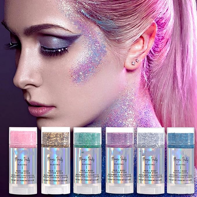 MAEPEOR Body Glitter Stick 6 Colors Holographic Mermaid Sequins Chunky Face Glitter Stick Singer Concerts or Music Festival Rave Body Makeup (Color 06)