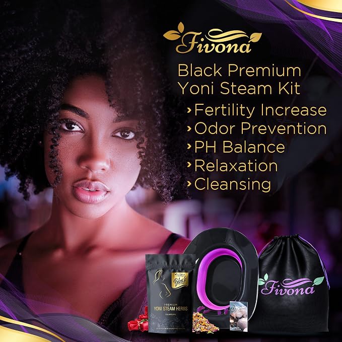 Fivona 3-in-1 Yoni Steam Kit Black - Foldable Over the Toilet Steamer Seat with Herbal Blend and Storage Bag - Effective Detox pH Balance Cleansing and Relaxation - At Home V-SPA