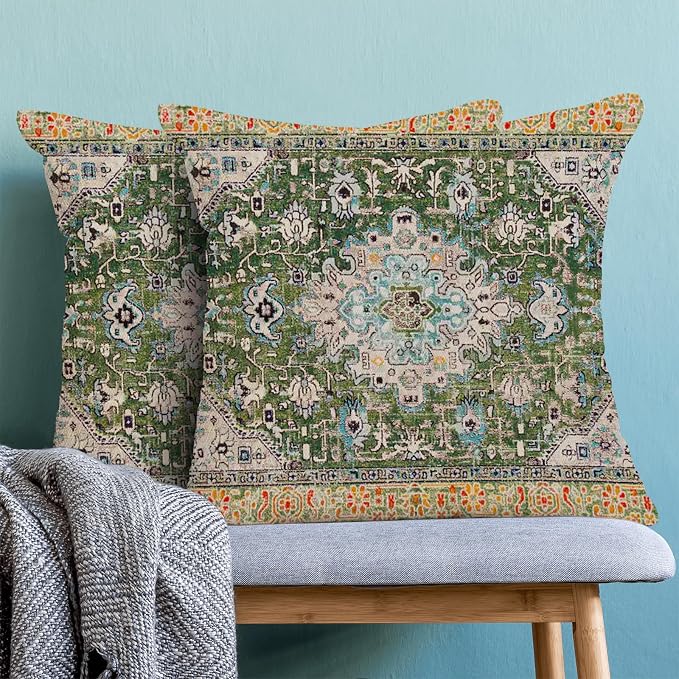 AEIOAE Boho Pillow Covers 18x18 Inch Set of 2,Carpet Pattern Throw Pillows Case,Sage Green Yellow Ethnic Design Outdoor Decorative Square Linen Farmhouse Decor Cushion Covers for Home Sofa Bed Couch