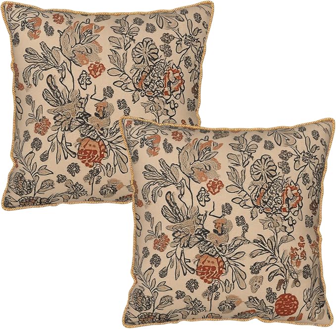 KSLIDS Art Boho Floral Soft Velvet Throw Pillow Covers Set of 2 Beige Rust Botanical Flowers Decorative Pillow Covers 20x20 Inch Farmhouse Vintage Pillow Case for Sofa Couch Living Room Home Decor
