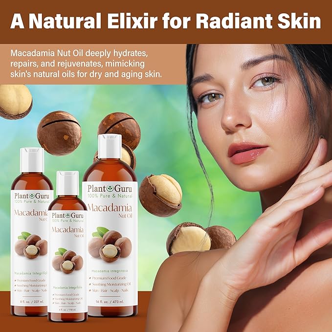 Plant Guru Macadamia Nut Oil 4 fl. oz. Cold Pressed 100% Pure Natural Carrier – Skin, Face, Body, and Hair Moisturizer. Ideal for DIY Creams, Lotions, and Lip Balms