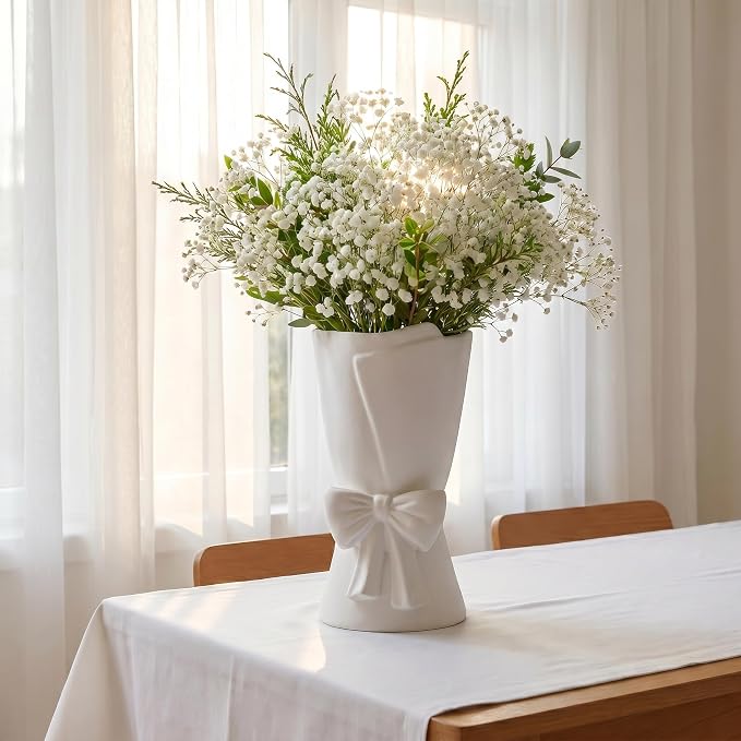 Relexome White Ceramic Bow Vase Unique Cute Decorative Bouquet Flower Vases 9.64 in Summer Home Decor Vase