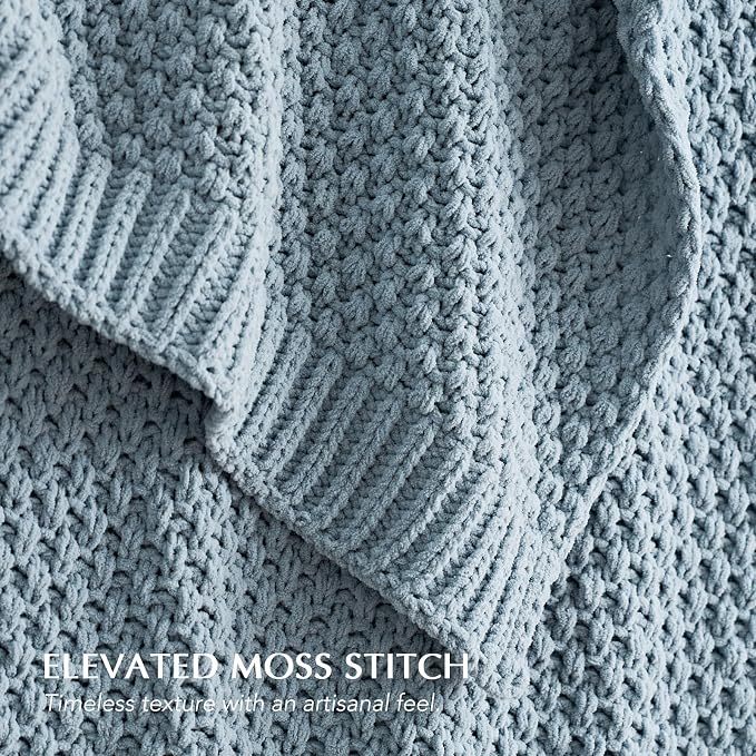 EVERGRACEHOME Chunky Chenille Knit Throw Blanket, 90 x 90, Chambray Blue | Sculpted Moss Stitch, Chic Modern Farmhouse, All-Season Warmth, OEKO-TEX® Certified, Oversized Queen for Couch, Bed, Sofa