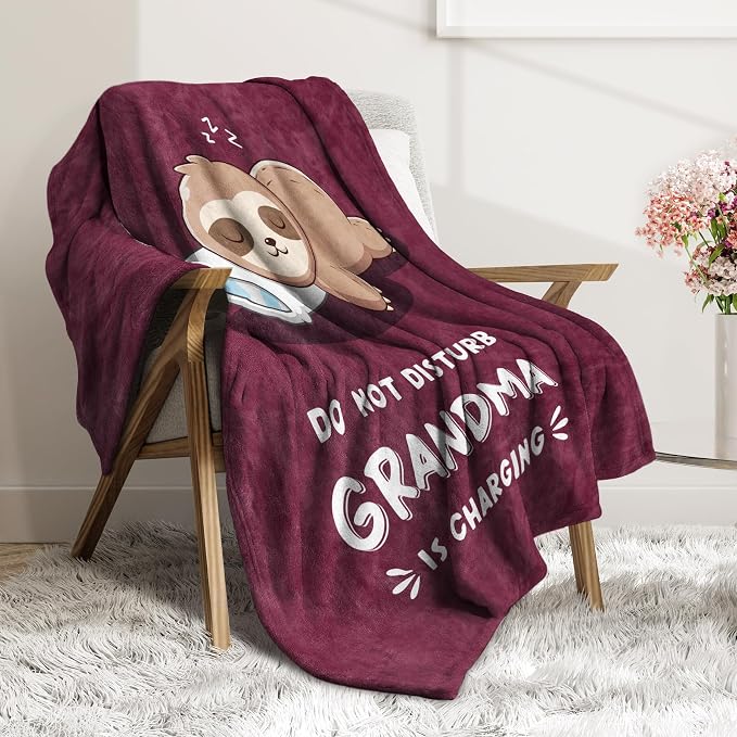 Leebbsin Funny Gifts for Grandma, Grandma Birthday Gift from Grandkids | Grandma is Charging Sloth Blanket 60" x 50" Burgundy, Grandmas Gift for Christmas Mothers Day, Soft Sloth Blanket for Grandma