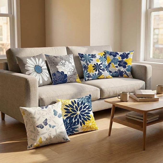 COMMINY Navy Blue Orange Pillow Covers 20x20 Set 6 Farmhouse Throw Cover | Daisy Dhalia flower, Large Throw Pillow Size, Breathable Linen, Bedroom Accent Couch Sofa Spring Summer Decor