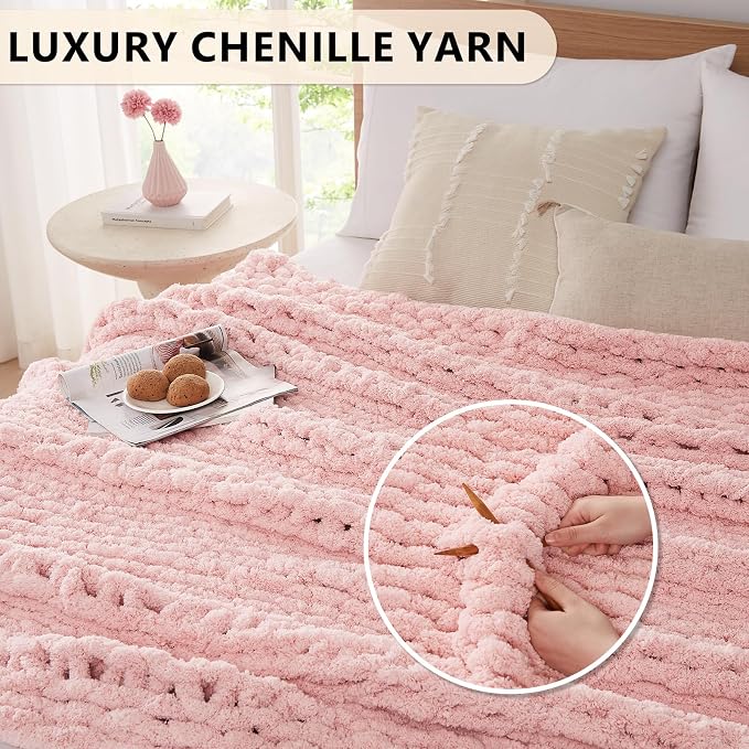 L'AGRATY Chunky Knit Throw Blanket for Couch, 40'' x 50'' Knit Throw, Pink | Handmade Chenille Crochet Blanket for Sofa Bed, Thick Cable Knitted Blankets for Room Home Decor, Birthday Gift for Women Mom